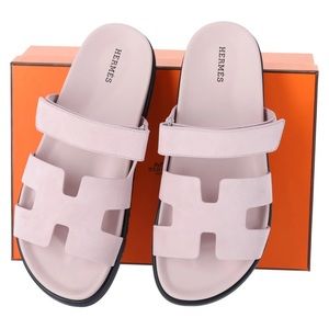 BNIB New Hermes Womens Suede Sandals Chypre Rose Porcelaine Pink